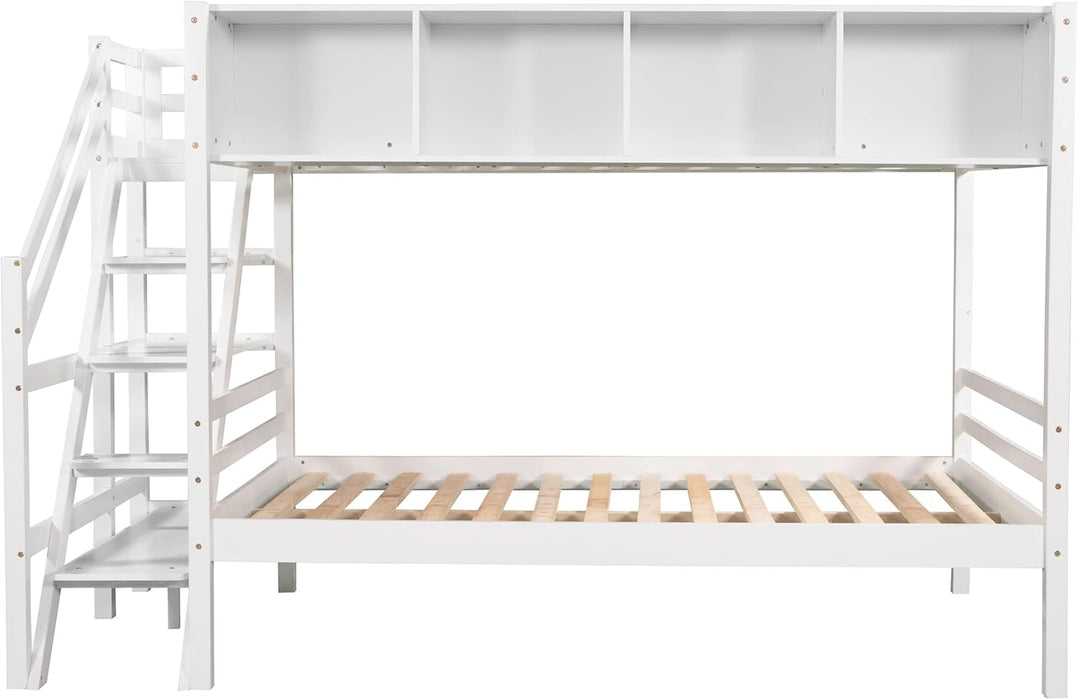 Twin Size Bed Frame for Bedroom Twin over Full Bunk Bed with Staircase and Built-In Storage Cabinets No Box Spring Needed White 96" L X 57.2" W X 62.2" H