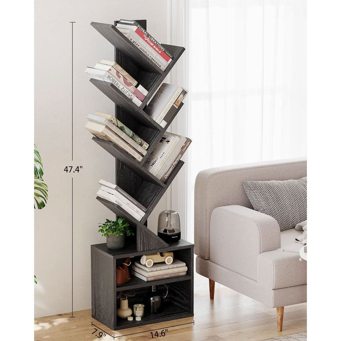 6 Tier Tree Bookshelf, Small Bookcase with Storage Cabinet, Modern Narrow Bookshelves Organizer, Floor Standing Book Shelf for Bedroom/Living Room/Home Office/Corner, Black