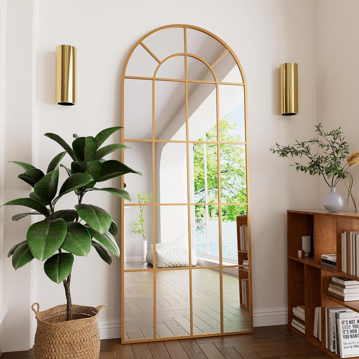 Arched Full Length Mirror 71"X30" Gold Windowpane Floor Mirror