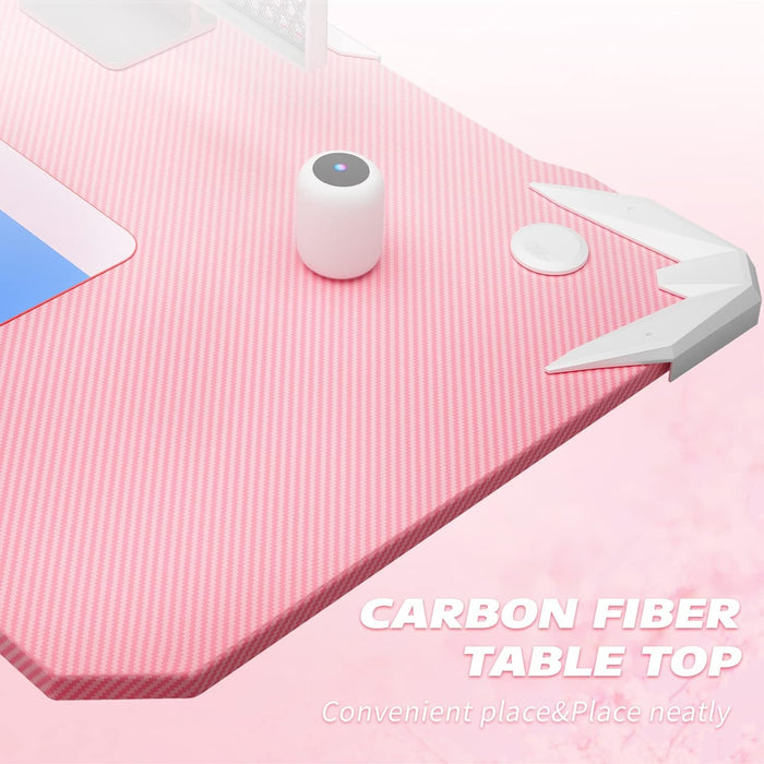Gaming Computer Desk with Carbon Fiber Surface, Gaming Table Z Shaped Pc Home Office with Cup Holder&Headphone Hook(44 In, Pink)
