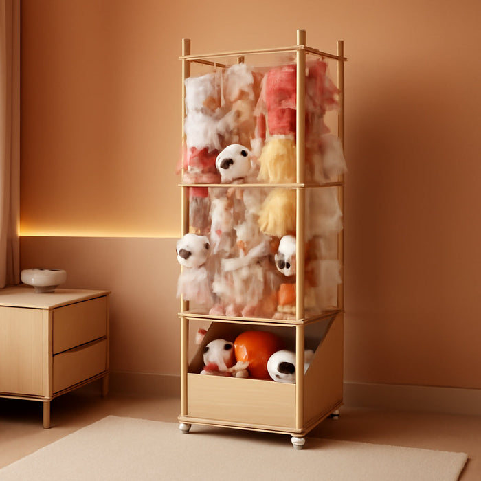 Stuffed Animal Storage with Tiny Toys Tray, Wood Stuffed Animal Zoo Storage with Brake Wheels, Space-Saving Plushie Playhouse for Nursery, Playroom, Kids Bedroom- Easy Assembly