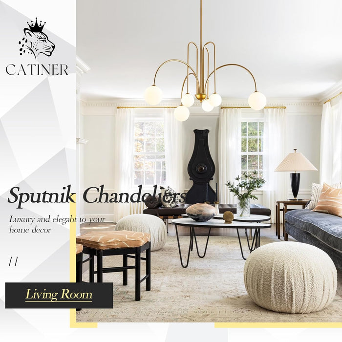 Gold Sputnik Chandelier,6 Lights Large Modern Chandelier L40”Mid Century Long Ceiling Pendant Light Fixtures for Dining Room with Milk Glass Globe Shades for High Ceiling Foyer Living Room
