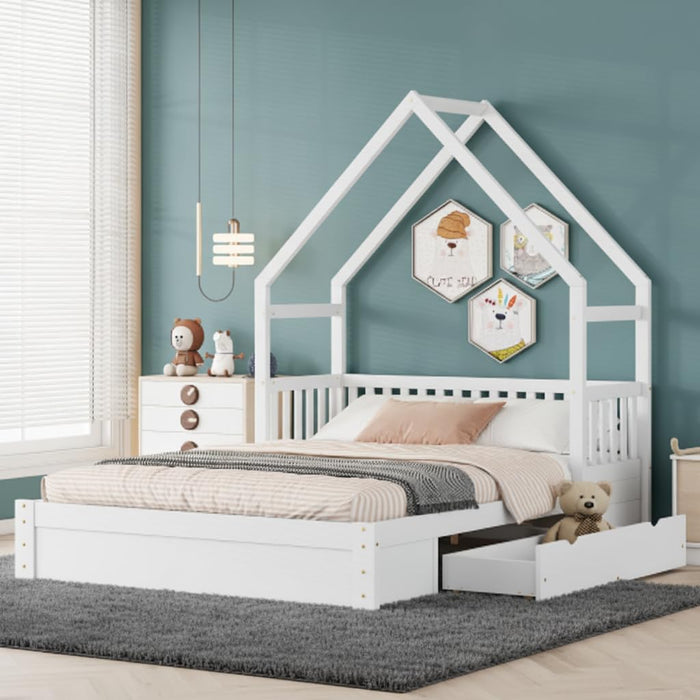 Queen Size Kids HouseBedFrame With UnderBedStorageDrawers