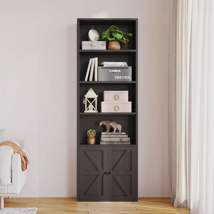 Bookshelf Bookcase with Doors, 6 Tier 71" Tall Wooden Storage Shelves Organizer, Floor Standing Display Cabinet Shelves, Home Decor Furniture for Home Office, Living Room, Bedroom, Black