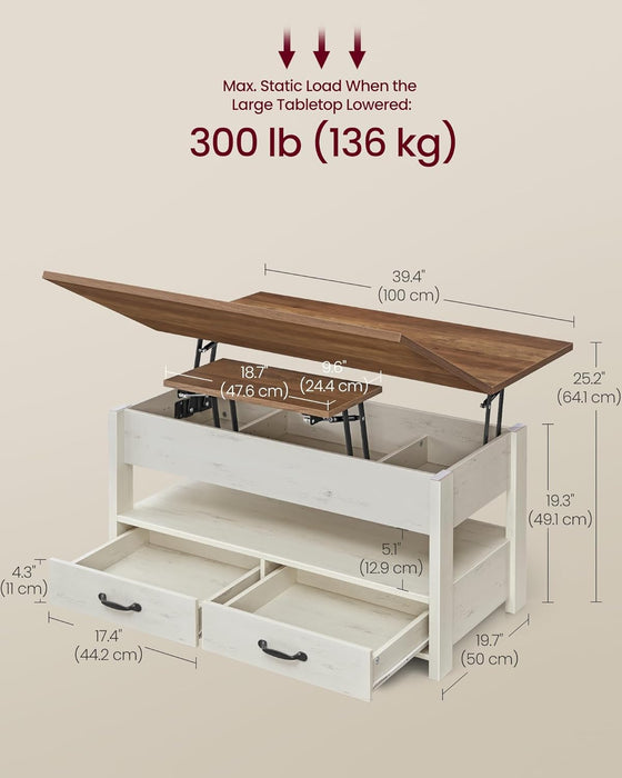 Coffee Table Lift Top, 3 in 1 Center Table with Storage, Gas Spring, 2 Drawers and 3 Hidden Compartments, Open Shelf, for Living Room, Home Office, Honey Brown and Rustic White ULCT254W01