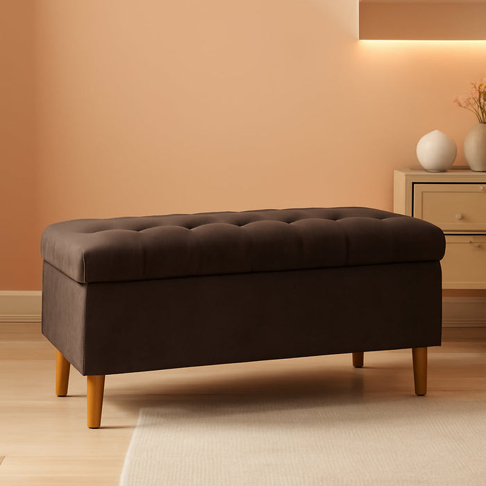 Home Decor | Tufted Ainsley Button Storage Ottoman Bench with Hinged Lid | Ottoman Bench with Storage for Living Room & Bedroom, Chocolate Brown Velvet