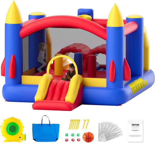 Inflatable Bounce House, Outdoor Playhouse Trampoline, Jumping Bouncer with Blower, Slide, and Storage Bag, Family