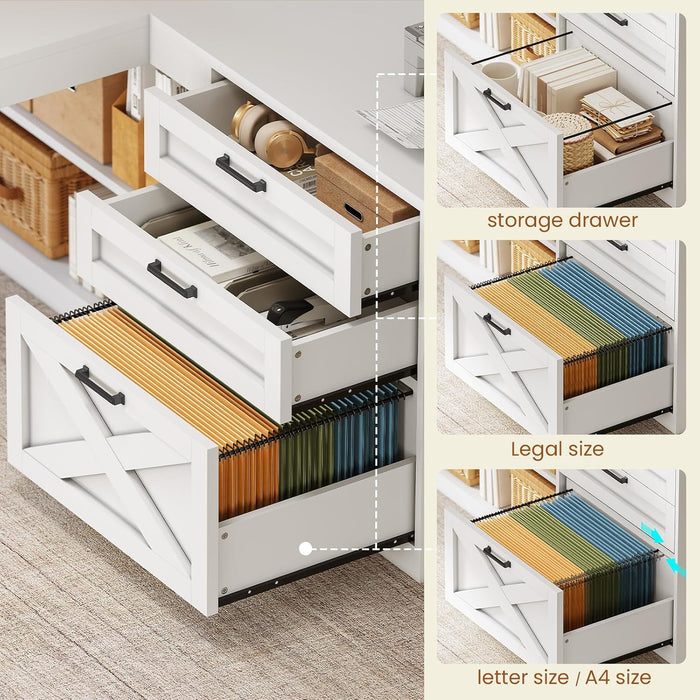Farmhouse L Shaped Office Desk with Drawers, 61” Computer Desk with Storage Shelves and Power Outlet, Corner Gaming Desk with LED Light and Display Cabinet for Home Office (White)