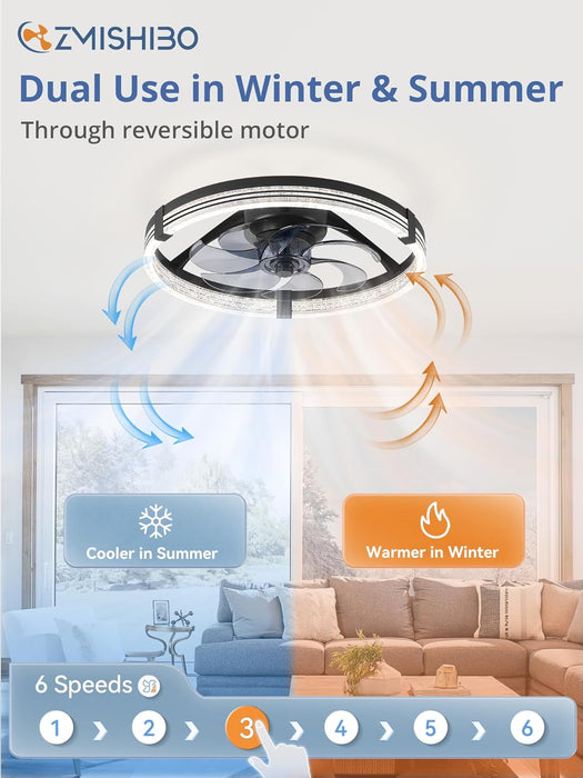 Low Profile Ceiling Fans with Lights, Flush Mount Modern Ceiling Fan and Remote Control, 20" LED Ceiling Fans, Stepless Dimmable 3 Colors and 6 Speeds (Black, 20")