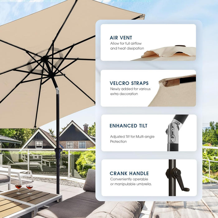 9FT Patio Umbrella with Base, Outdoor Umbrellas with Base Included, 8 Sturdy Ribs, Waterproof Fade Resistant POLYESTER DTY Canopy for Deck, Lawn, Garden, Backyard & Pool, Beige