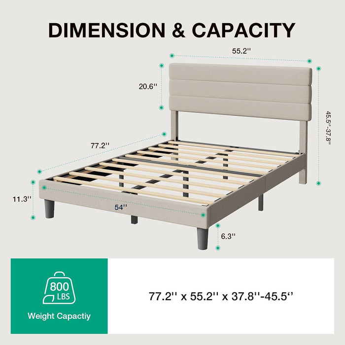 Full Size Bed Frame, Full Bed Frame with Wood Slats Support, Linen Upholstered Pull-Point Headboard, No Box Spring Needed, Metal Support Heavy Duty Feet, Easy Assembly, Beige