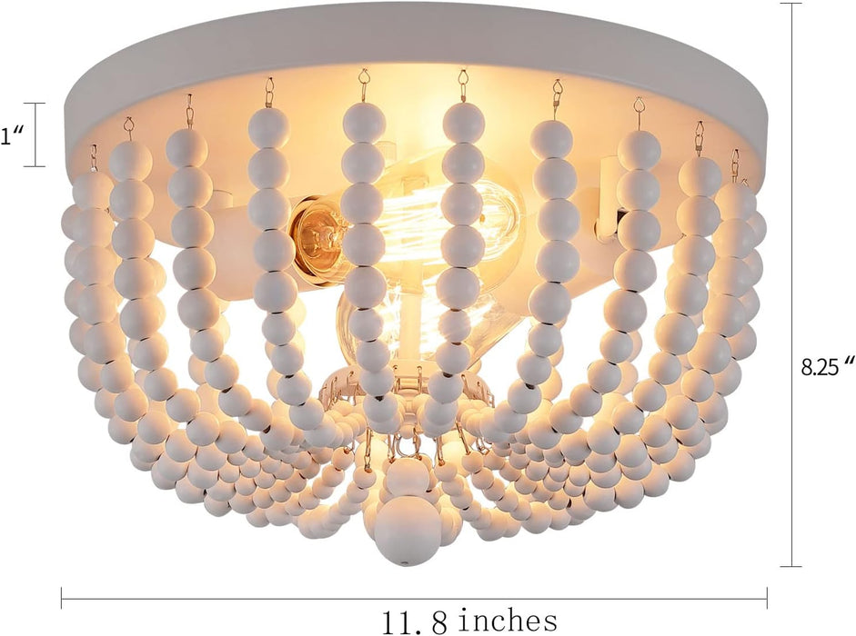 White Flush Mount Ceiling Light Fixtures,2-Lights Wood Beaded Boho Chandeliers for Nursery Baby Bedroom Dining Room Living Room Kitchen Hallway W11.81