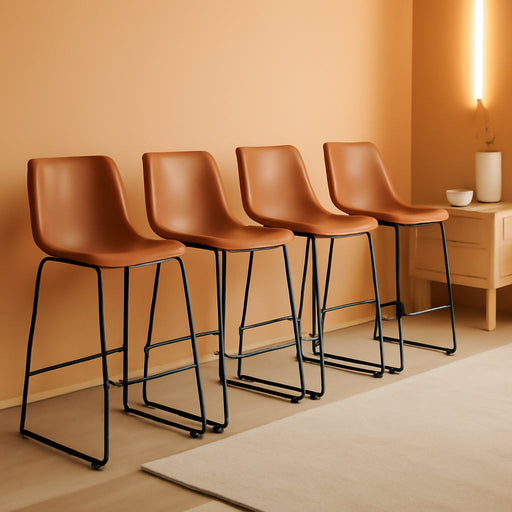 26 Inch Counter Height Bar Stools Set of 4, Modern Faux Leather High Barstools with Back and Metal Leg, Bar Chairs for Kitchen Lsland, Brown