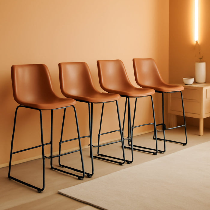 26 Inch Counter Height Bar Stools Set of 4, Modern Faux Leather High Barstools with Back and Metal Leg, Bar Chairs for Kitchen Lsland, Brown