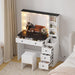 Makeup Vanity Desk and Stool, Vanity Desk with Lights, Vanity Table Set with Charging Station, Drawers and Hidden Storage Shelves, White