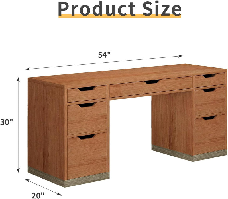 54Inch WalnutFinish ExecutiveDesk With Seven Drawers