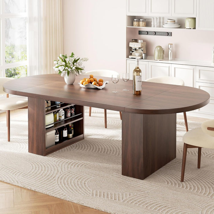 78.7" Dining Table for 6-10 People, Oval Dining Room Table with 3-Tier Storage Shelf, Modern Wood Kitchen Tables with Heavy Duty Pedestal Base for Home, Dining Room, Walnut
