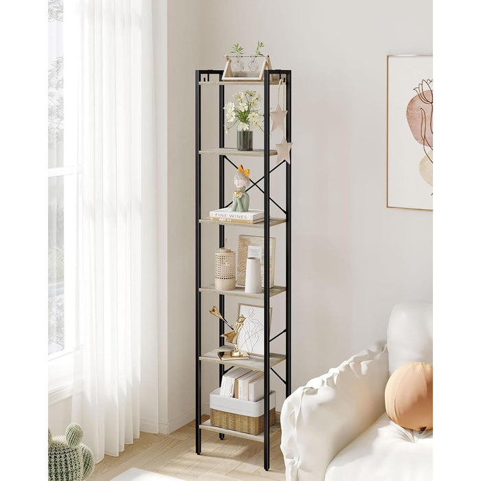 Bookshelf, Book Shelf, Industrial Bookcase with 2 Hooks, Coner Shelf Storage Organizer for Home Office, Living Room, Bedroom, Kitchen, 6-Tier Greige BC10705B