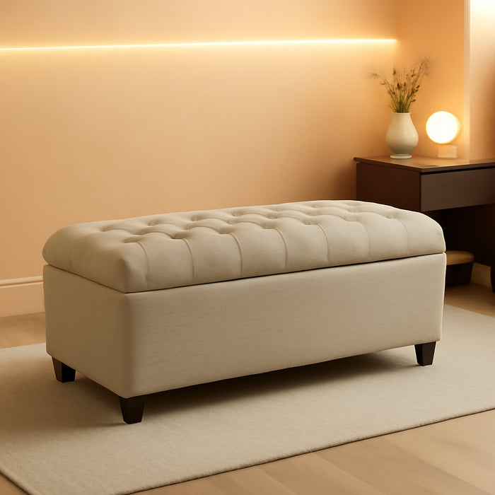Home Decor | Tufted Ainsley Button Storage Ottoman Bench with Hinged Lid | Ottoman Bench with Storage for Living Room & Bedroom, Tan