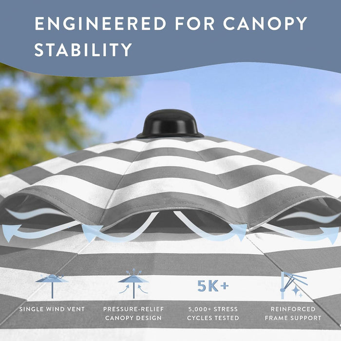 9-Ft Patio Umbrella, 8-Year Protection, Solstice Fade-Resistant Fabric, Crank Lift, Push-Button Tilt, Heavy-Duty Aluminum Frame, 6 Reinforced Ribs with Wind Vent, Grey/White Stripe