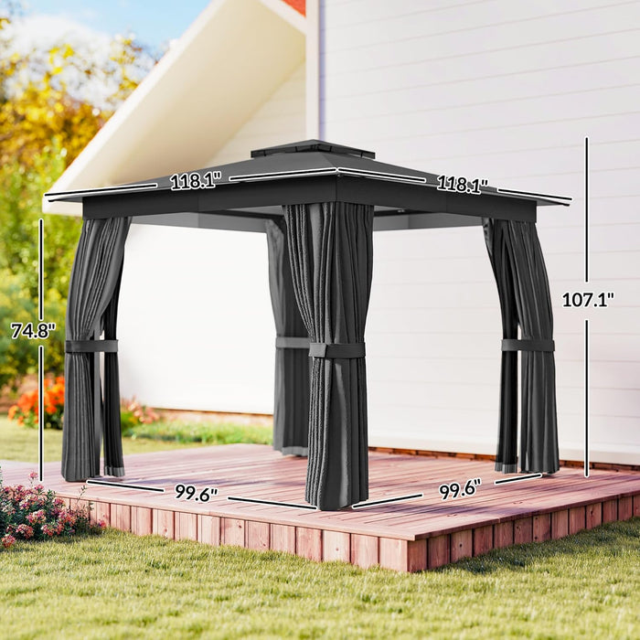10' X 10' Outdoor Patio Gazebo, Heavy Duty Gazebo Canopy Shelter with Double Roof, Curtains, Netting, Steel Frame, UPF30+ Protection, Ceiling Hook for Lawn, Backyard, Deck, Dark Gray