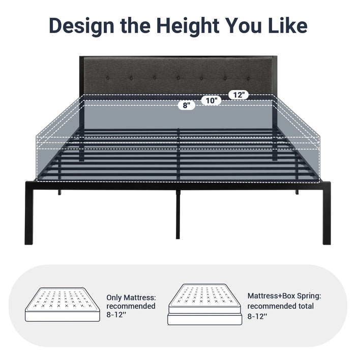 King Metal Platform Bed Frame with Fabric Button Tufted Headboard, 12.4" Under-Bed Storage, Metal Slats, Grey