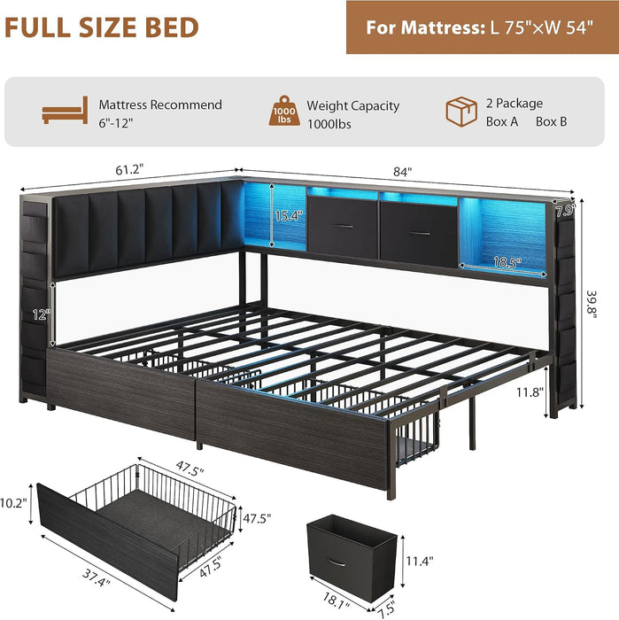 Full Corner Bed Frame with Upholstered Storage Headboard and Drawers, Metal Platform Bed Frame with LED Light and Charging Station, Full Daybed for Living Room, Bedroom & Guest Room, Black