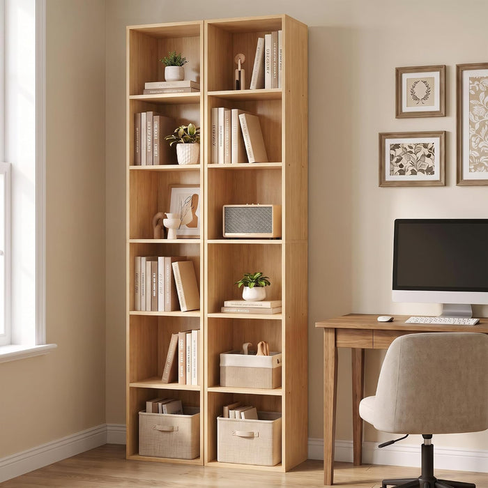 6 Cube Storage Organizer, 6 Tier Tall Skinny Bookshelf, Oak Cube Shelf | 62.4 X 11.8 X 9.3 Wood Narrow Bookcase for Home Office Bedroom Living Room, Anti-Tipping Device