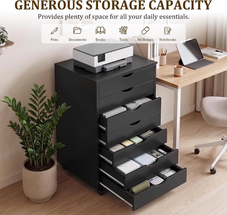 7 Drawer Office Storage Cabinet, Rolling File Cabinet for Office, Black