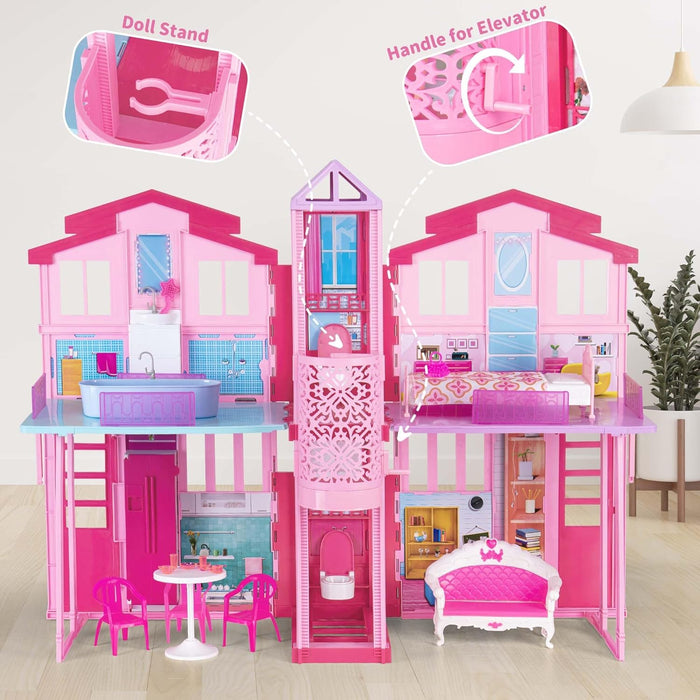 Dreamy Doll House, Dollhouse Playhouse with Large Rooms & Big Furnitures, Including Elevator, Foldable Dolls House Toys Gifts for Girls Kids Ages 3+