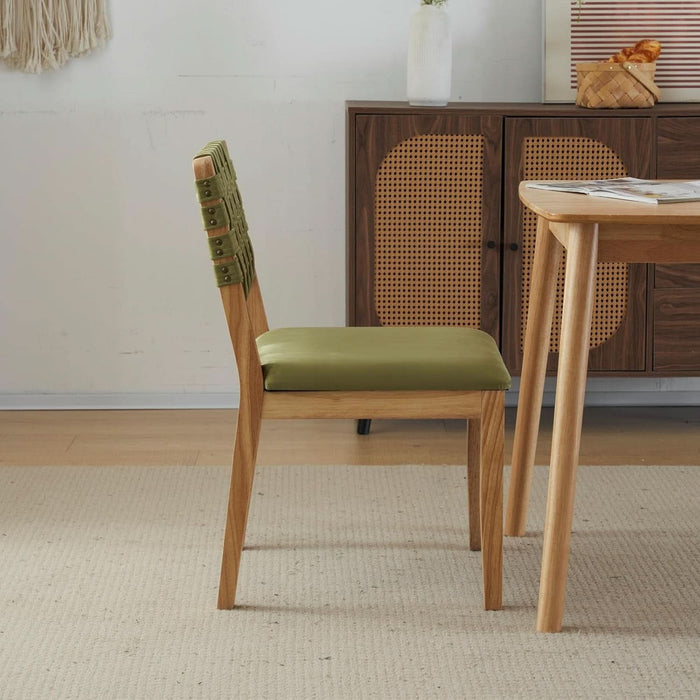 Sage Green Woven Wooden Dining Chairs Set of 4,Armless Mid Century Modern Desk Chairs with Rivet&Foot Pegs,Upholstered Farmhouse Comfy Chair No Wheels for Dining Room,Living Room,Oak,Suede