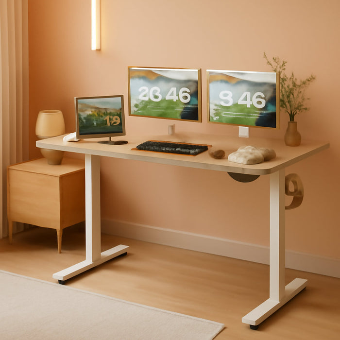 Electric Height Adjustable Standing Desk Large 55 X 24 Inches Sit Stand up Desk Home Office Computer Desk Memory Preset with T-Shaped Metal Bracket, Light Wood