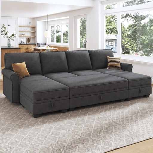 Convertible Sofa Bed Storage Sleeper Sectional Sofa Couch with Storage and Storage Ottomans with Chaise Longue for Living Room and Home Office, Dark Grey