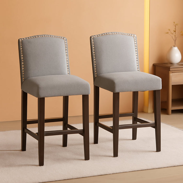 30" Bar Stools Set of 2, Upholstered Bar Height Bar Chairs with Back & Rubber Wood Legs, Antique Nailhead Trim, Modern Linen Fabric Barstools for Kitchen Island, Counter, Cafe, Pub, Grey