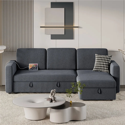 Reversible Sectional Sofa with USB & Type-C Ports for Livingroom, Dark Gray