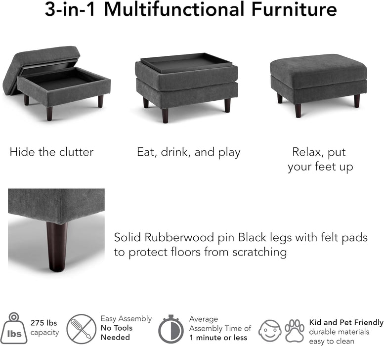 Storage Ottoman with Tray, Living Room Furniture, Max Collection, Iron Gray Chenille Fabric