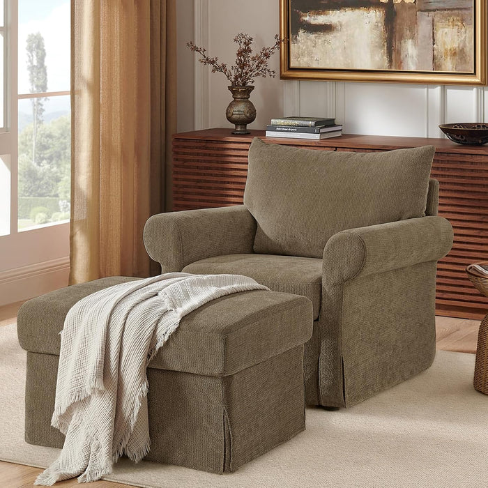 Brown Chenille Accent Chair With Substantial Ottoman