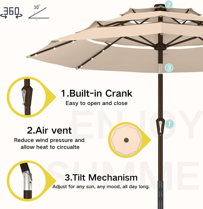 9Ft 3-Tier Patio Umbrella with Solar Lights, Table Umbrella Outdoor Patio with Easy Crank & Tilt, 8 Sturdy Ribs, UV Protection, 32 LED Lights for Deck, Poolside, Market (Beige)