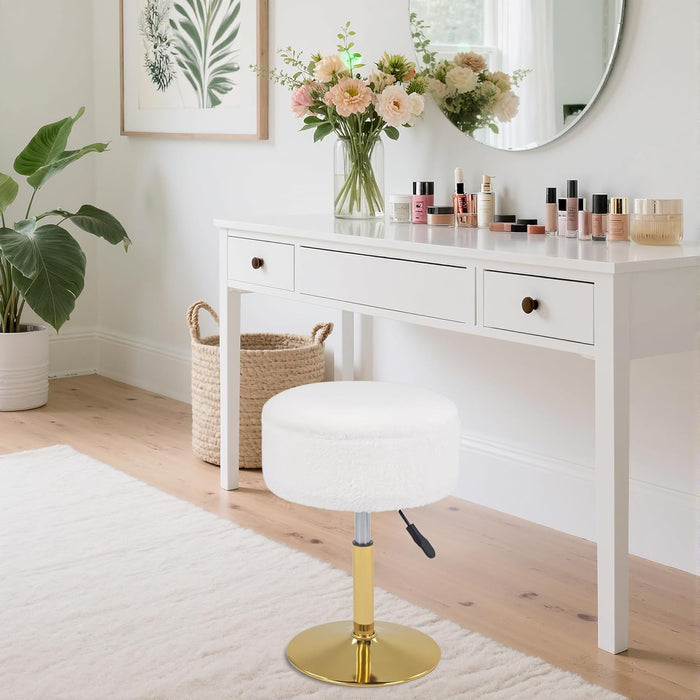 Adjustable Vanity Stool with Storage, 360° Swivel Gold Chair, Faux Fur Small round Ottoman Footrest for Bathroom, Makeup Room, White