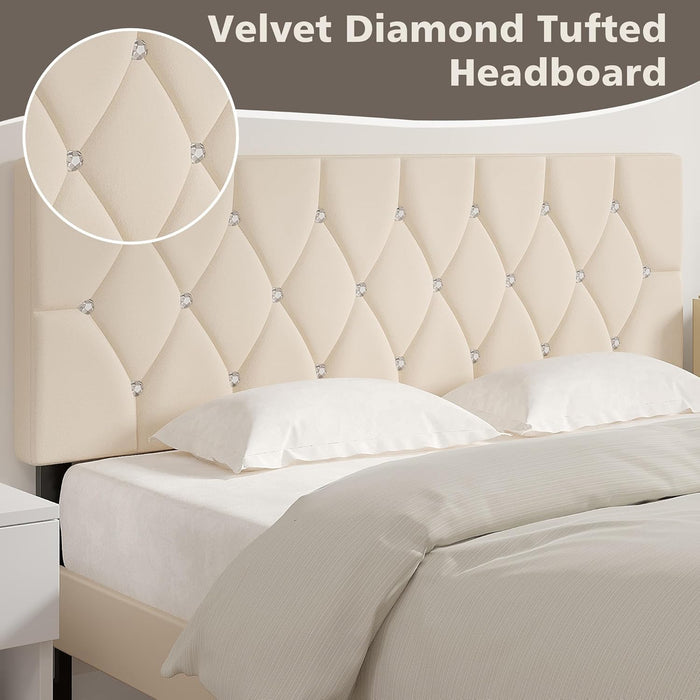 Tufted Upholstered Headboard Queen Size, with 6 Adjustable Height from 39.8" to 49.8", Button Diamond Design, Easy Assembly, Cream Beige