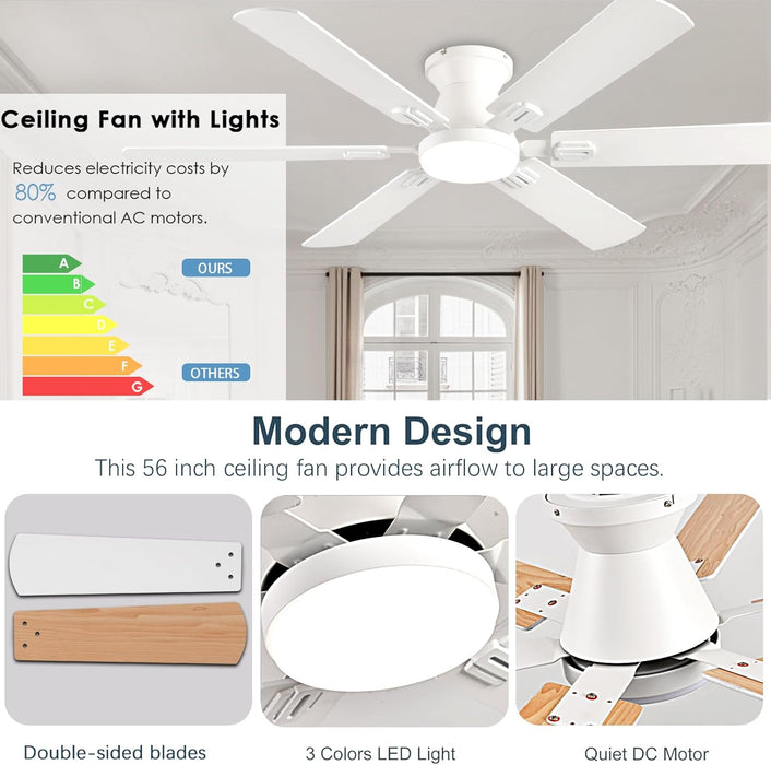 56 Inch Ceiling Fans with Lights, White Flush Mount Ceiling Fan with Light and Remote/App Control, 3Cct,Dimmable, Noiseless, Low Profile Ceiling Fan for Bedroom, Patio, Indoor/Outdoor Use