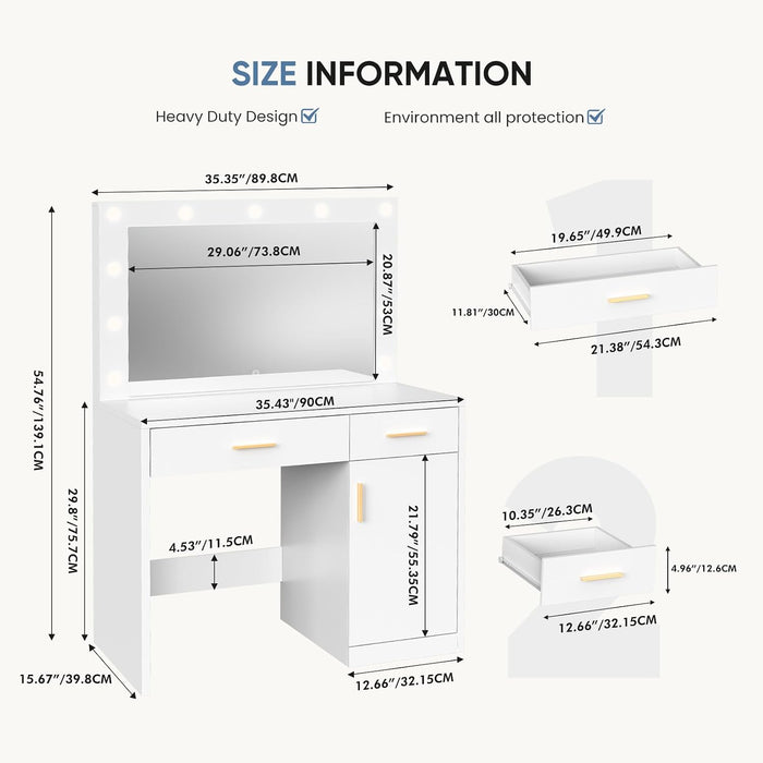 Vanity Desk with Mirror and LED Bulbs, Power Outlet Makeup Table with 2 Drawer and Storage Cabinet, 3 Adjustable Lighting, Modern Ample Storage Dressing Table for Bedroom, White