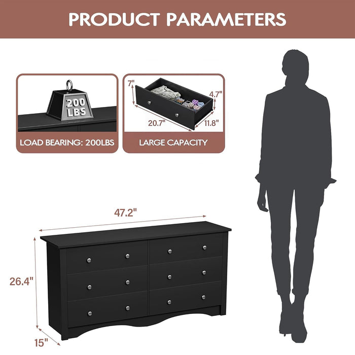 Black Dresser for Bedroom with 6 Drawers, 47.2" Chest of Drawers