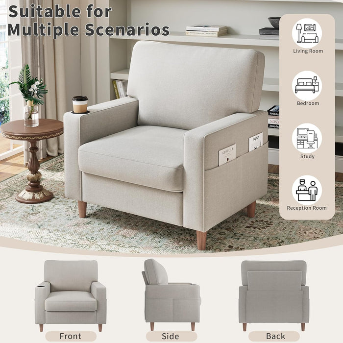 Oversized Mid Century Armchair Cupholder Beige Upholstered