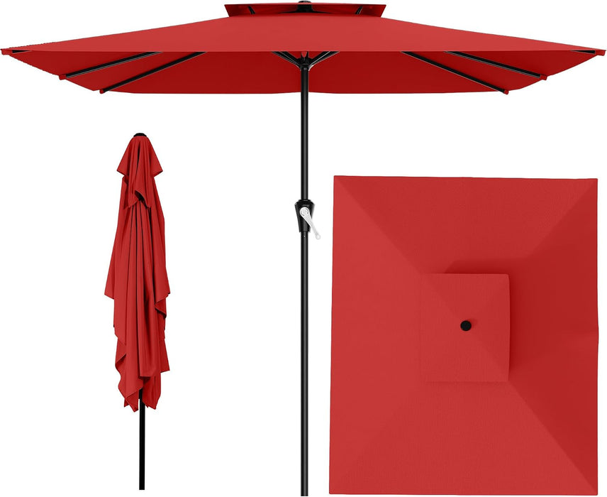 8'X10' 2 Tiers Rectangular Patio Umbrella - Outdoor Umbrella Waterproof UV Protection, Market Table Umbrella W/Crank for Pool, Backyard, Deck(Red)