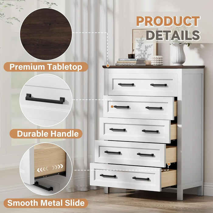 White Dresser Tall for Bedroom,Wooden 5 Drawer Dresser for Nursery,Chest of Drawers for Bedroom, Closet Storage Organizer for Living Room, Hallway, Closet (Brown&White)