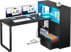 L Shaped Desk with Power Outlets & LED Lights & File Cabinet, 55" Corner Computer Desk with 3 Drawers & 3 Storage Shelves, Home Office Desk with Bookshelf, Black