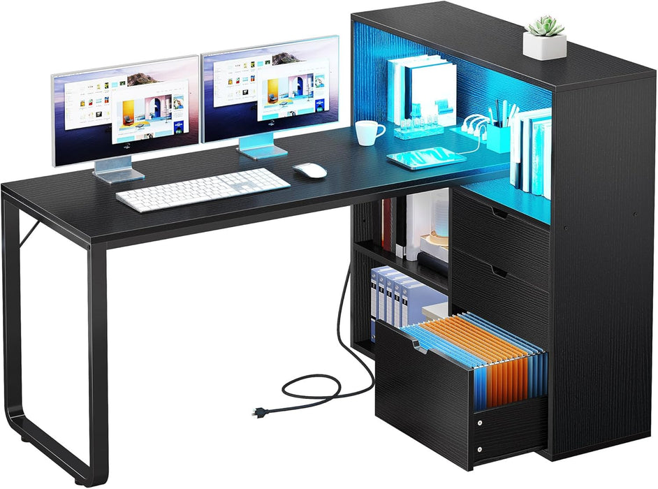 L Shaped Desk with Power Outlets & LED Lights & File Cabinet, 55" Corner Computer Desk with 3 Drawers & 3 Storage Shelves, Home Office Desk with Bookshelf, Black