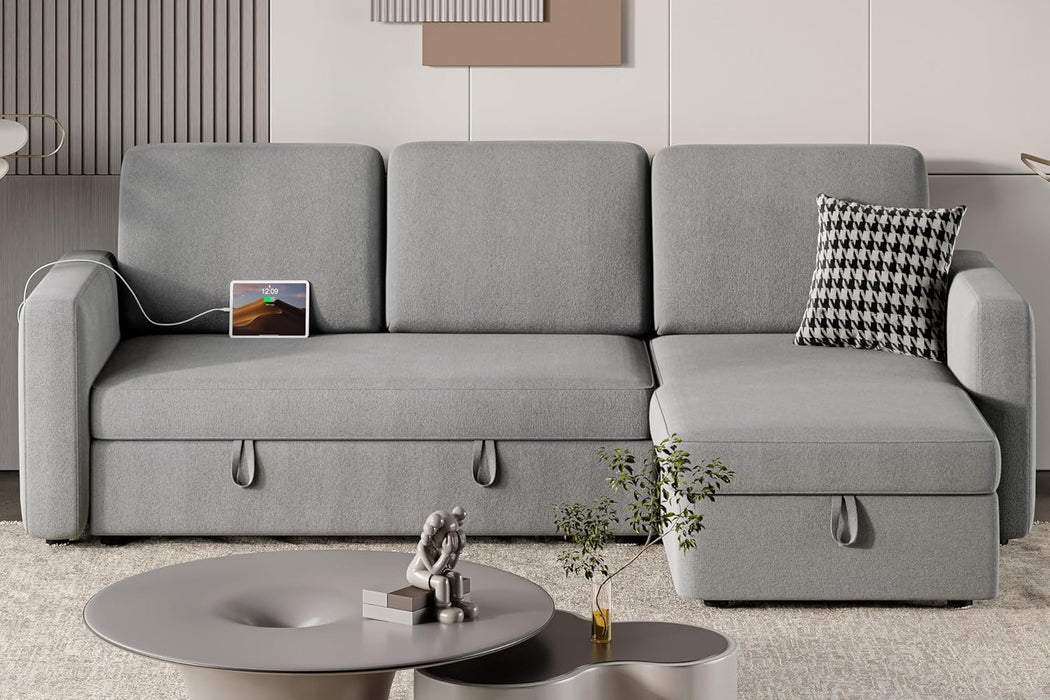 Sectional Sofa L-Shaped Sofa Couch Bed W/Chaise & USB, Reversible Couch Sleeper W/Pull Out Bed & Storage Space, 4-Seat Fabric Convertible Sofa, Pull Out Couch Light Gray