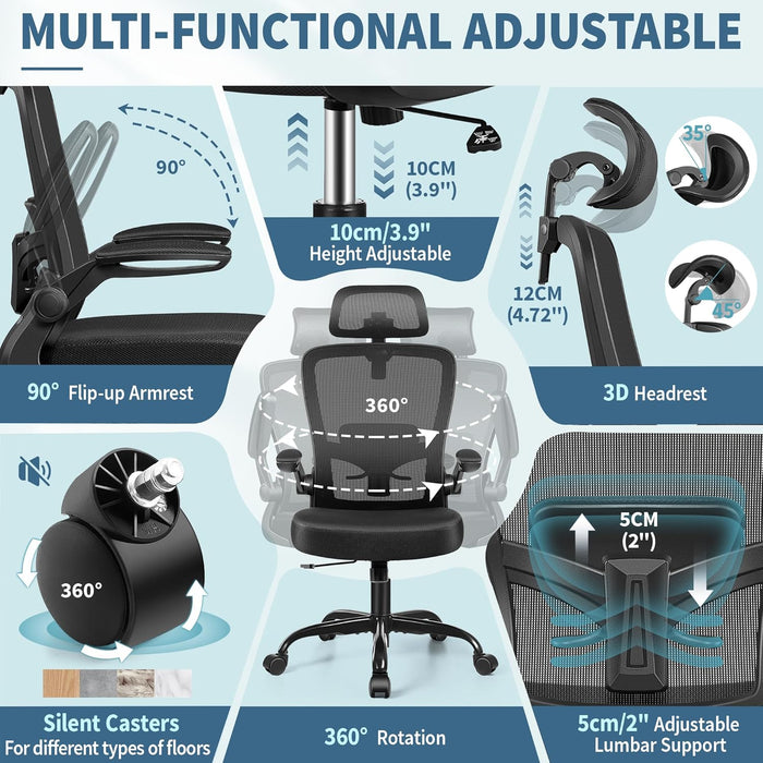 Office Chair, Desk Chair with Adjustable Lumbar Support, Ergonomic Computer Chair with High Back and Armrest, Adjustable Height Gaming Chair Home Office Swivel Chair(Black)